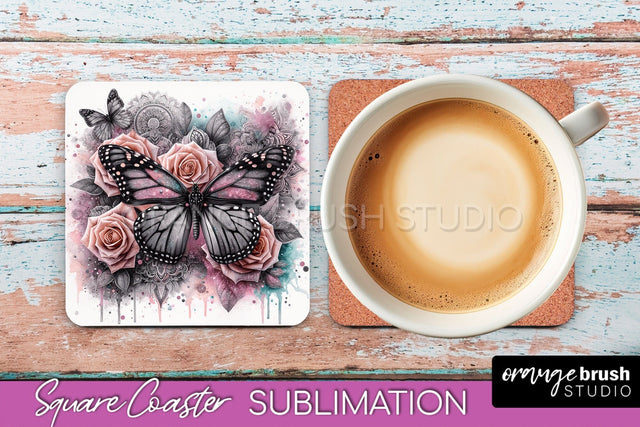 Butterfly Square Coaster Sublimation - Butterfly Coaster PNG Sublimation OrangeBrushStudio 