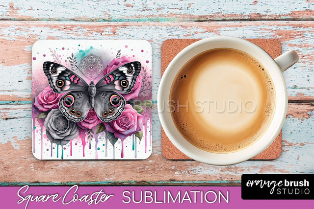 Butterfly Square Coaster Sublimation - Butterfly Coaster PNG Sublimation OrangeBrushStudio 