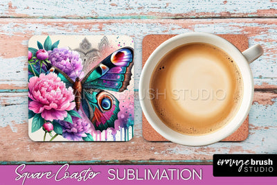 Butterfly Square Coaster Sublimation - Butterfly Coaster PNG Sublimation OrangeBrushStudio 