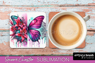 Butterfly Square Coaster Sublimation - Butterfly Coaster PNG Sublimation OrangeBrushStudio 