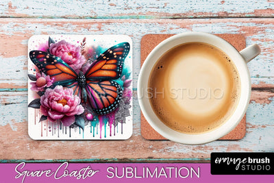 Butterfly Square Coaster Sublimation - Butterfly Coaster PNG Sublimation OrangeBrushStudio 