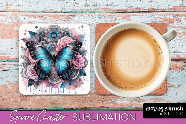 Butterfly Square Coaster Sublimation - Butterfly Coaster PNG Sublimation OrangeBrushStudio 