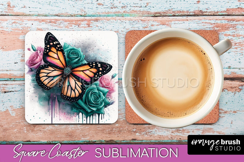 Butterfly Square Coaster Sublimation - Butterfly Coaster PNG Sublimation OrangeBrushStudio 
