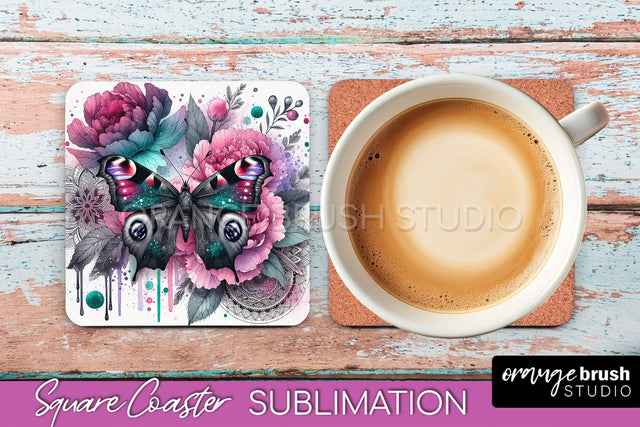 Butterfly Square Coaster Sublimation - Butterfly Coaster PNG Sublimation OrangeBrushStudio 