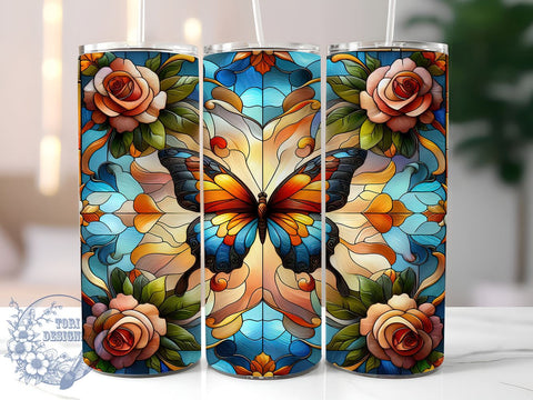 Butterfly Stained Glass Colorful 20oz Skinny Tumbler, Butterfly Glass Tumbler Png, Straight & Tapered Tumbler Wrap, Instant Digital Download Sublimation ToriDesigns 