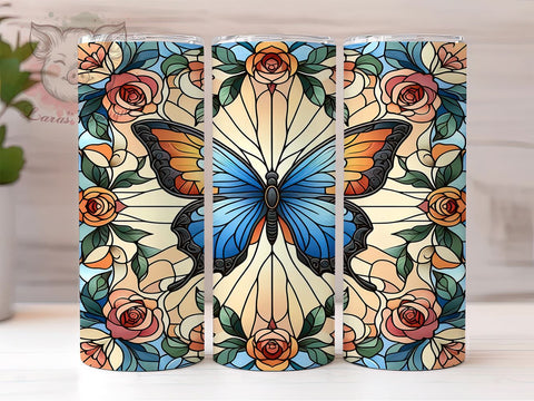 Butterfly Stained Glass Colorful 20oz Tumbler Png, Straight & Tapered Tumbler Png, Butterfly Glass Tumbler Png, Digital Download PNG Sublimation Lara' s Designs 