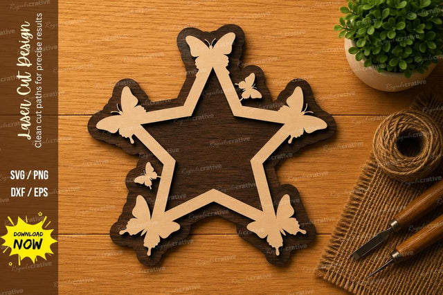 Butterfly Star Monogram Frame Laser Cut SVG File SVG Regulrcrative 