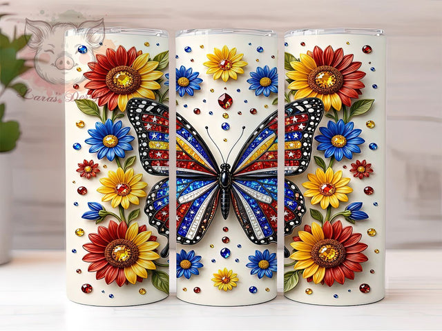 Butterfly Sunflower USA 20oz Tumbler, Butterfly Motif, Sunflower Theme, USA Patriotic, Stars and Stripes, Festive Design, Skinny Tumbler, Sublimation PNG Sublimation Lara' s Designs 