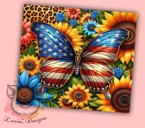 Butterfly Sunflowers Patriotic 20oz Tumbler Png, Straight & Tapered Tumbler Png, 4th of July Tumbler Png, Digital Download PNG Sublimation Lara' s Designs 