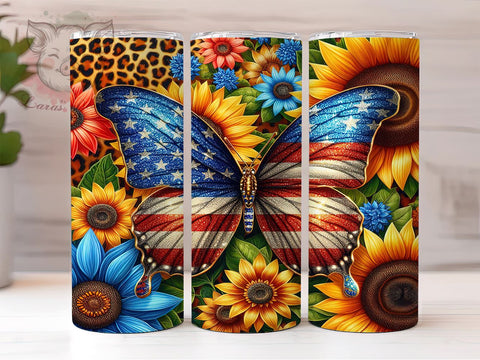 Butterfly Sunflowers Patriotic 20oz Tumbler Png, Straight & Tapered Tumbler Png, 4th of July Tumbler Png, Digital Download PNG Sublimation Lara' s Designs 