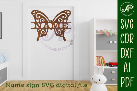 Butterfly swirls design 1 name sign svg laser cut file SVG APInspireddesigns 