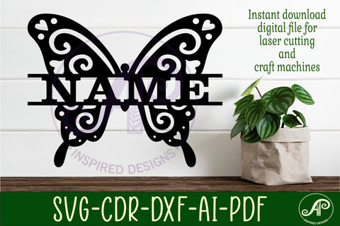 Butterfly swirls design 1 name sign svg laser cut file SVG APInspireddesigns 