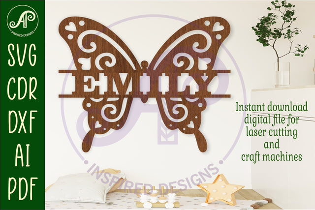 Butterfly swirls design 1 name sign svg laser cut file SVG APInspireddesigns 