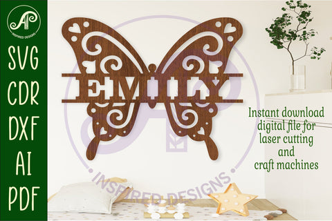 Butterfly swirls design 1 name sign svg laser cut file SVG APInspireddesigns 