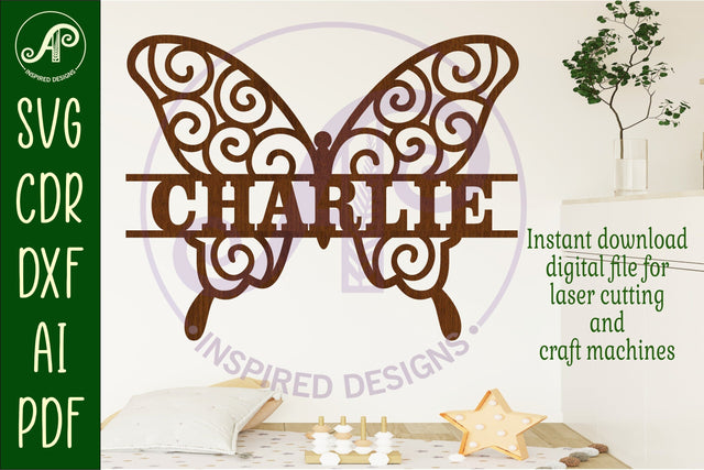 Butterfly swirls design 1name sign svg laser cut file SVG APInspireddesigns 