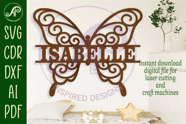 Butterfly swirls design 2 name sign svg laser cut file SVG APInspireddesigns 