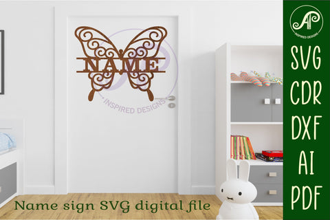 Butterfly swirls design 2 name sign svg laser cut file SVG APInspireddesigns 