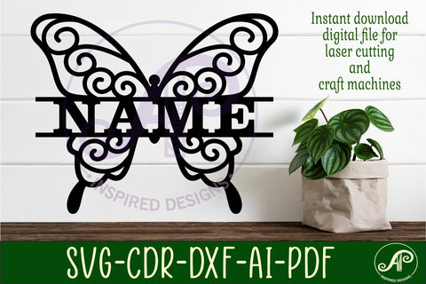 Butterfly swirls design 2 name sign svg laser cut file SVG APInspireddesigns 