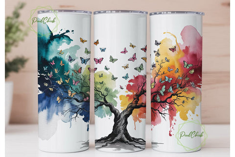 Butterfly Tree Watercolor 20oz Tumbler Sublimation PixelChick 