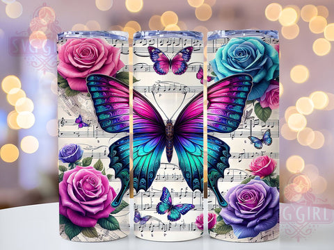 Butterfly Tumbler, Roses Design, Music Lover Gift, 20oz Tumbler Wrap, Sublimation Design, Digital Download, Custom Tumbler Sublimation SvggirlplusArt 