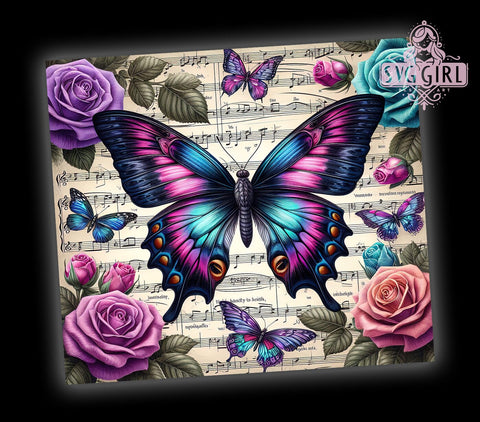Butterfly Tumbler, Roses Design, Music Lover Gift, 20oz Tumbler Wrap, Sublimation Design, Digital Download, Custom Tumbler Sublimation SvggirlplusArt 