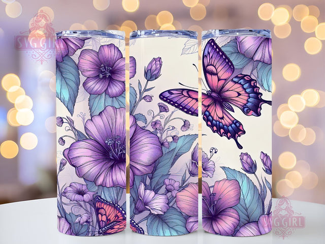 Butterfly Tumbler Wrap 20 oz Flowers Seamless Sublimation Design, Butterfly Tumbler PNG, Purple Seamless Sublimation Design Instant Digital Download Sublimation SvggirlplusArt 