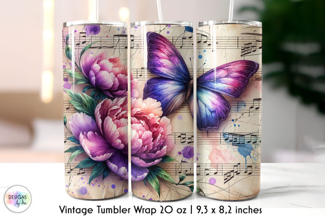 Butterfly Vintage Music Sheet Tumbler Wrap Sublimation Designs by Ira 