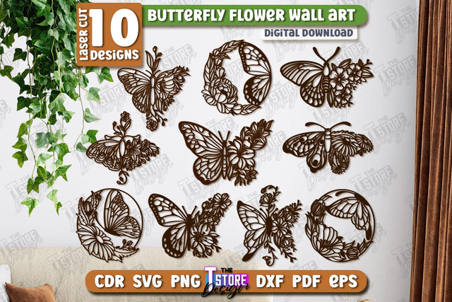 Butterfly Wall Décor Laser Cut Bundle | Nature and Floral | Wall Art | Wooden Silhouette | CNC Files SVG The T Store Design 