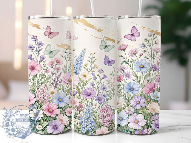 Butterfly Wildflower Glow 20oz Tumbler, Butterfly Motif, Wildflower Theme, Glow Effect, Nature Charm, Floral Accent, Skinny Tumbler, Sublimation PNG Sublimation ToriDesigns 