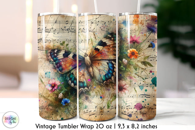 Butterfly with Flowers Vintage Tumbler Wrap Sublimation Designs by Ira 