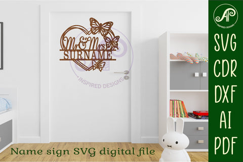 Butterfly wreath Mr and Mrs heart wall sign svg laser SVG APInspireddesigns 