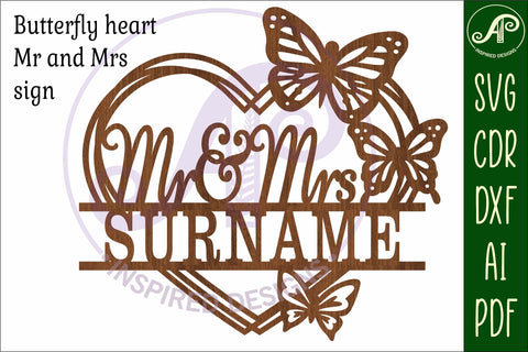 Butterfly wreath Mr and Mrs heart wall sign svg laser SVG APInspireddesigns 