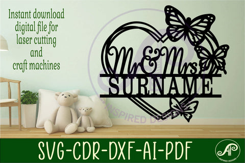 Butterfly wreath Mr and Mrs heart wall sign svg laser SVG APInspireddesigns 