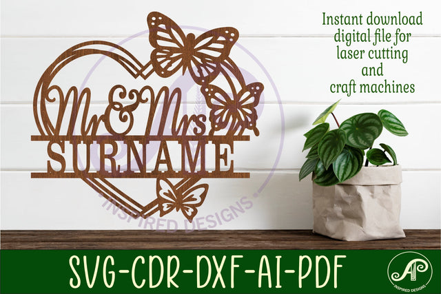 Butterfly wreath Mr and Mrs heart wall sign svg laser SVG APInspireddesigns 