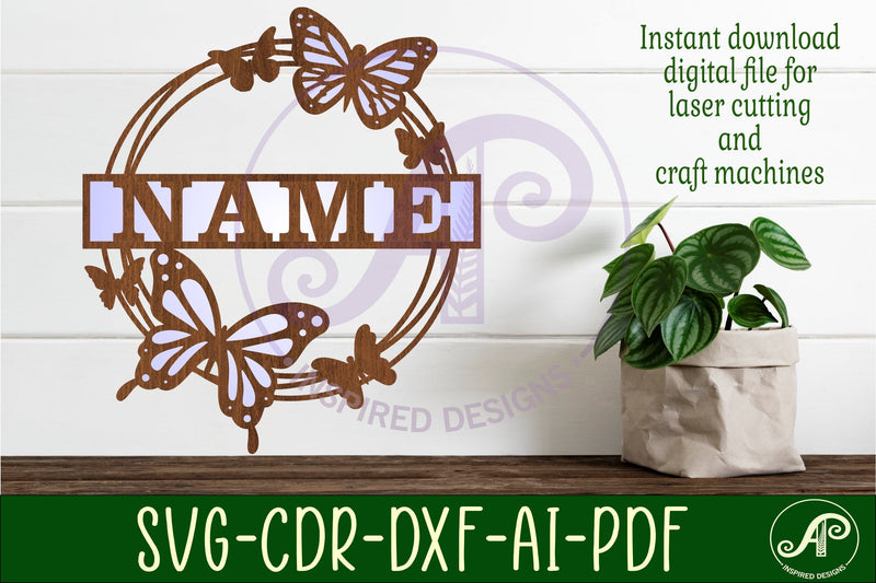 Butterfly wreath name sign svg laser cut SVG APInspireddesigns 
