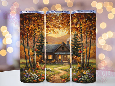 Cabin in Woods Autumn Rustic 20oz Tumbler, Autumn Forest, Rustic Cabin, Tall Trees, Painterly Design, Skinny Tumbler, Sublimation PNG Sublimation SvggirlplusArt 