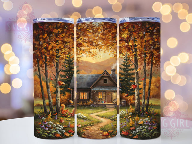 Cabin in Woods Autumn Rustic 20oz Tumbler, Autumn Forest, Rustic Cabin, Tall Trees, Painterly Design, Skinny Tumbler, Sublimation PNG Sublimation SvggirlplusArt 