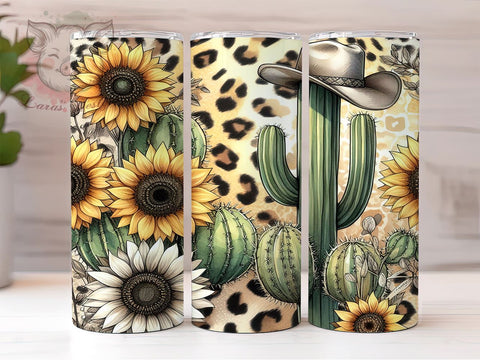 Cactus Leopard Sunflower 20 oz Skinny Tumbler Sublimation Design, Straight & Tapered Tumbler Png, Western Sunflowers Tumbler Png, Digital Download PNG Sublimation Lara' s Designs 