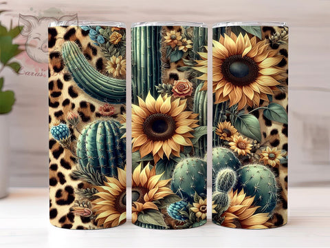 Cactus Leopard Sunflower 20 oz Skinny Tumbler Sublimation Design, Straight & Tapered Tumbler Png, Western Sunflowers Tumbler Png, Digital Download PNG Sublimation Lara' s Designs 