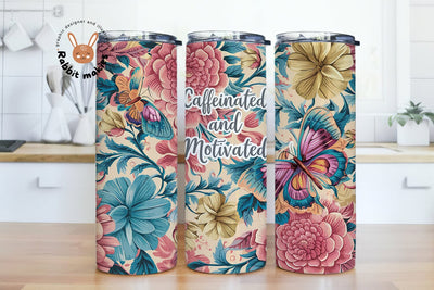 Caffeinated and Motivated Pink Tumbler Wrap 20oz Skinny Sublimation Design, Instant Digital Download PNG Sublimation Rabbitmakies 