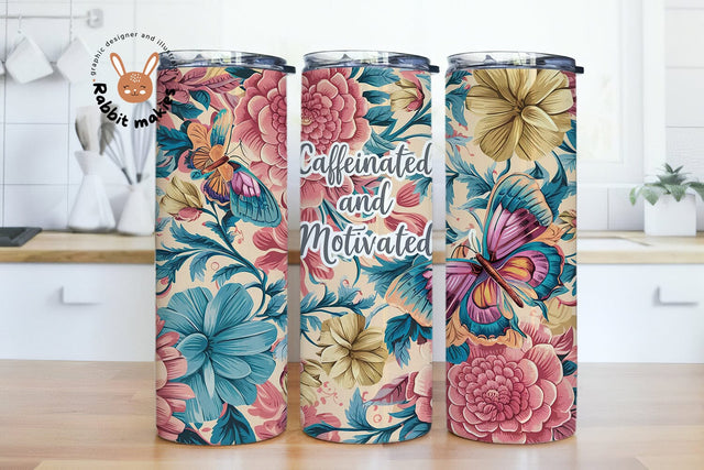 Caffeinated and Motivated Pink Tumbler Wrap 20oz Skinny Sublimation Design, Instant Digital Download PNG Sublimation Rabbitmakies 