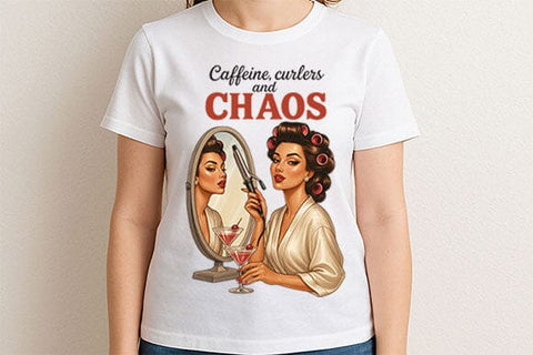 Caffeine Curlers and Chaos PNG Funny Retro Woman Sublimation Design SVG BillahCrafts 
