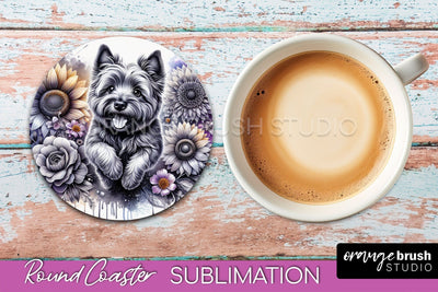 Cairn Terrier Round Coaster - Dog Mom Floral Coaster Sublimation Sublimation OrangeBrushStudio 