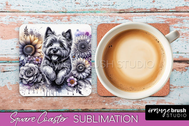 Cairn Terrier Square Coaster - Dog Mom Floral Coaster Sublimation Sublimation OrangeBrushStudio 