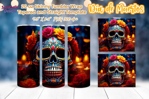 Calavera Día de los Muertos Tumbler Wrap | 20 oz Skinny Tumbler Wrap Sublimation Design | Day of the Dead Tumbler Wrap Sublimation Sublimatiz Designs 