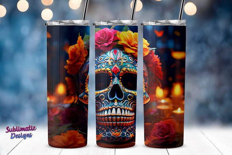Calavera Día de los Muertos Tumbler Wrap | 20 oz Skinny Tumbler Wrap Sublimation Design | Day of the Dead Tumbler Wrap Sublimation Sublimatiz Designs 