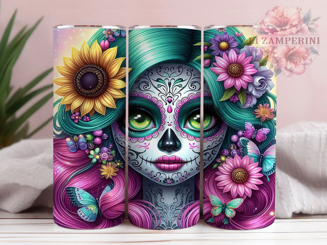 Calavera Sugar Skull Girl Tumbler Wrap, Dia De Los Muertos Mug, Sugar Skull Art, 20Oz Tumbler Wrap, Sublimation Design, Butterfly Skull Print, Mexican Holiday Drinkware Sublimation Li Zamperini 