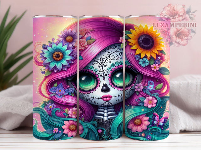 Calavera Sugar Skull Girl Tumbler Wrap, Dia De Los Muertos Mug, Sugar Skull Art, 20Oz Tumbler Wrap, Sublimation Design, Butterfly Skull Print, Mexican Holiday Drinkware Sublimation Li Zamperini 
