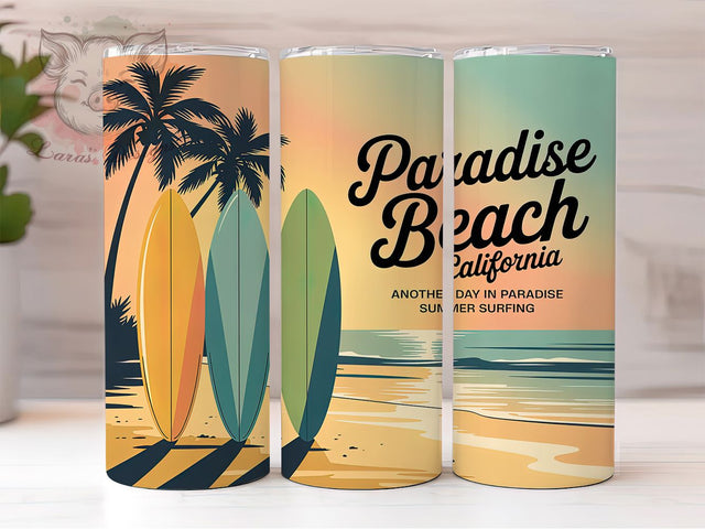California Paradise Day 20oz Tumbler, Paradise Beach California, Another Day In Paradise Phrase, Summer Surfing Illustration, Sublimation Tumbler Wrap, 20oz Tumbler, Fun Summer Gift Sublimation Lara' s Designs 