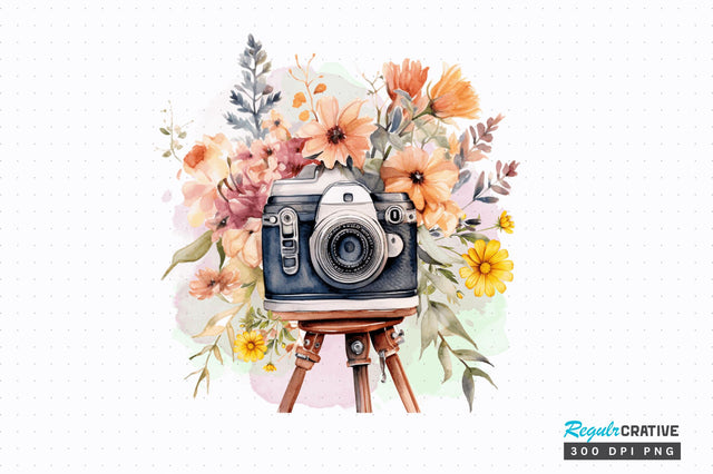 Camera with Flowers clipart Sublimation Design Sublimation Regulrcrative 